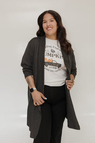 ROLLED COLLAR CARDIGAN IN DARK GREY MELANGE - Love Marlow