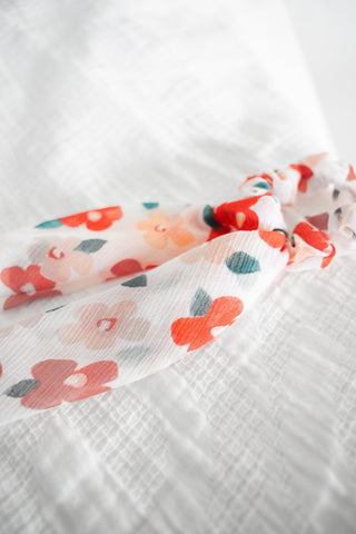 Romantic Chiffon Floral Ribbon Bow Scrunchie – Flowy Long Tail Hair Tie - Love Marlow