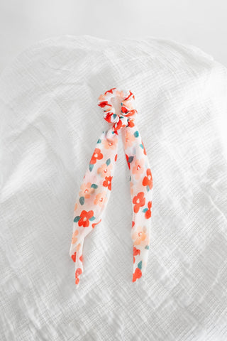 Romantic Chiffon Floral Ribbon Bow Scrunchie – Flowy Long Tail Hair Tie - Love Marlow
