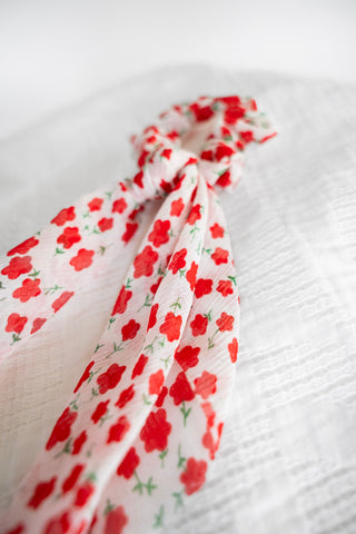 Romantic Red Floral Chiffon Ribbon Scrunchie – Long Tail Hair Tie - Love Marlow