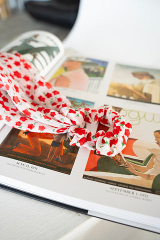Romantic Red Floral Chiffon Ribbon Scrunchie – Long Tail Hair Tie - Love Marlow