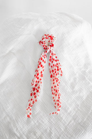Romantic Red Floral Chiffon Ribbon Scrunchie – Long Tail Hair Tie - Love Marlow