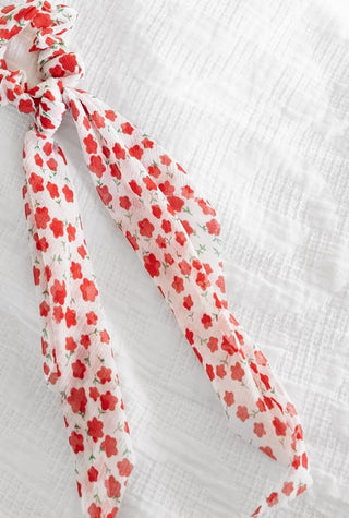 Romantic Red Floral Chiffon Ribbon Scrunchie – Long Tail Hair Tie - Love Marlow