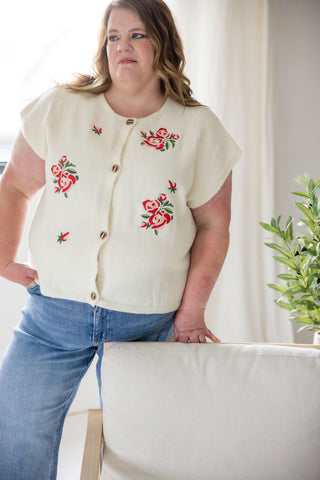 Rose Embroidered Sweater Vest – Ivory - Love Marlow