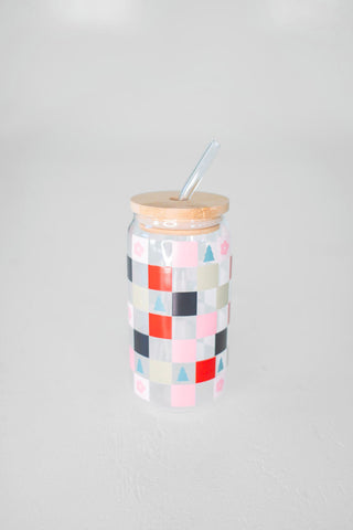 ROUND GLASS CUP IN CHRISTMAS HOLIDAY CHECKERS - Love Marlow