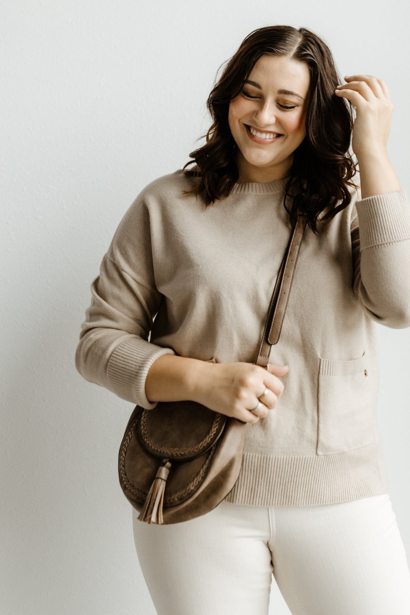 ROUND MEDIUM SATCHEL WITH STITCH AND TASSEL DETAIL IN CLAY - Love Marlow