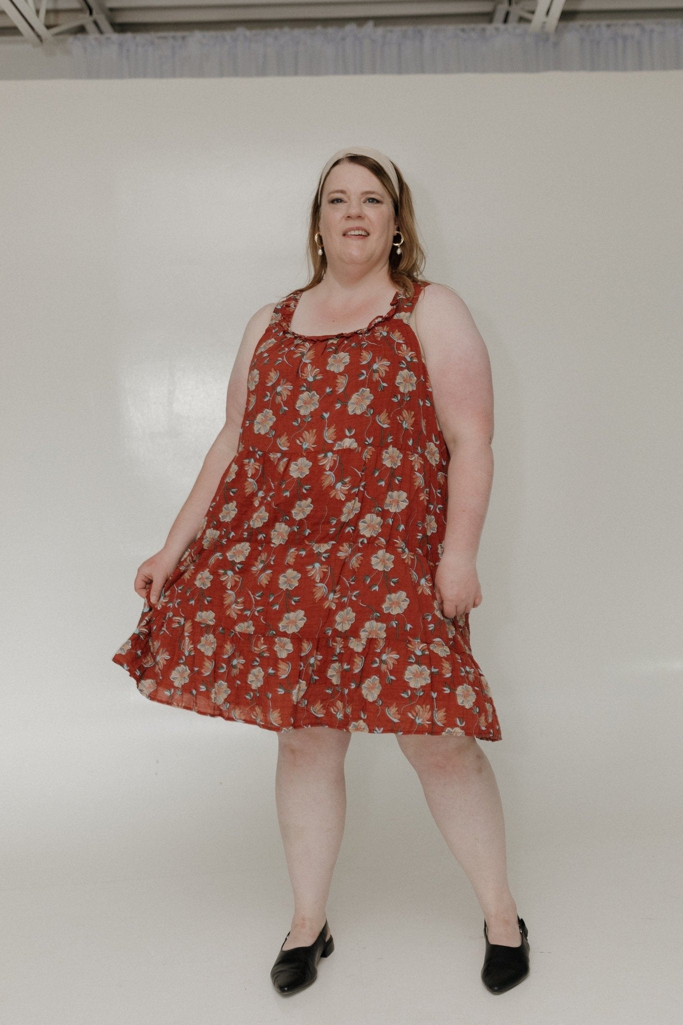 RUFFLE NECKLINE TIERED KNEE LENGTH DRESS IN EMBER - Love Marlow