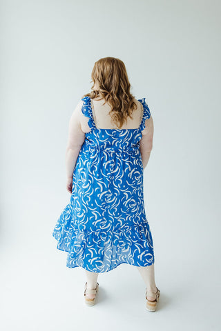 RUFFLE STRAP KICK HEM ABSTRACT PATTERN MIDI DRESS - Love Marlow