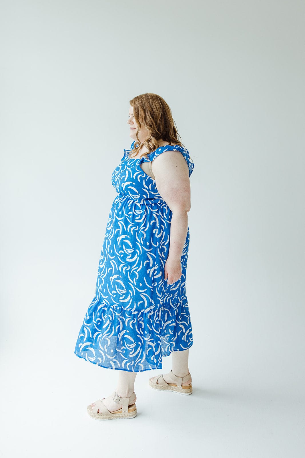 RUFFLE STRAP KICK HEM ABSTRACT PATTERN MIDI DRESS - Love Marlow