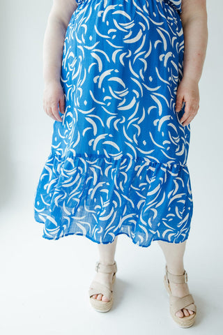 RUFFLE STRAP KICK HEM ABSTRACT PATTERN MIDI DRESS - Love Marlow