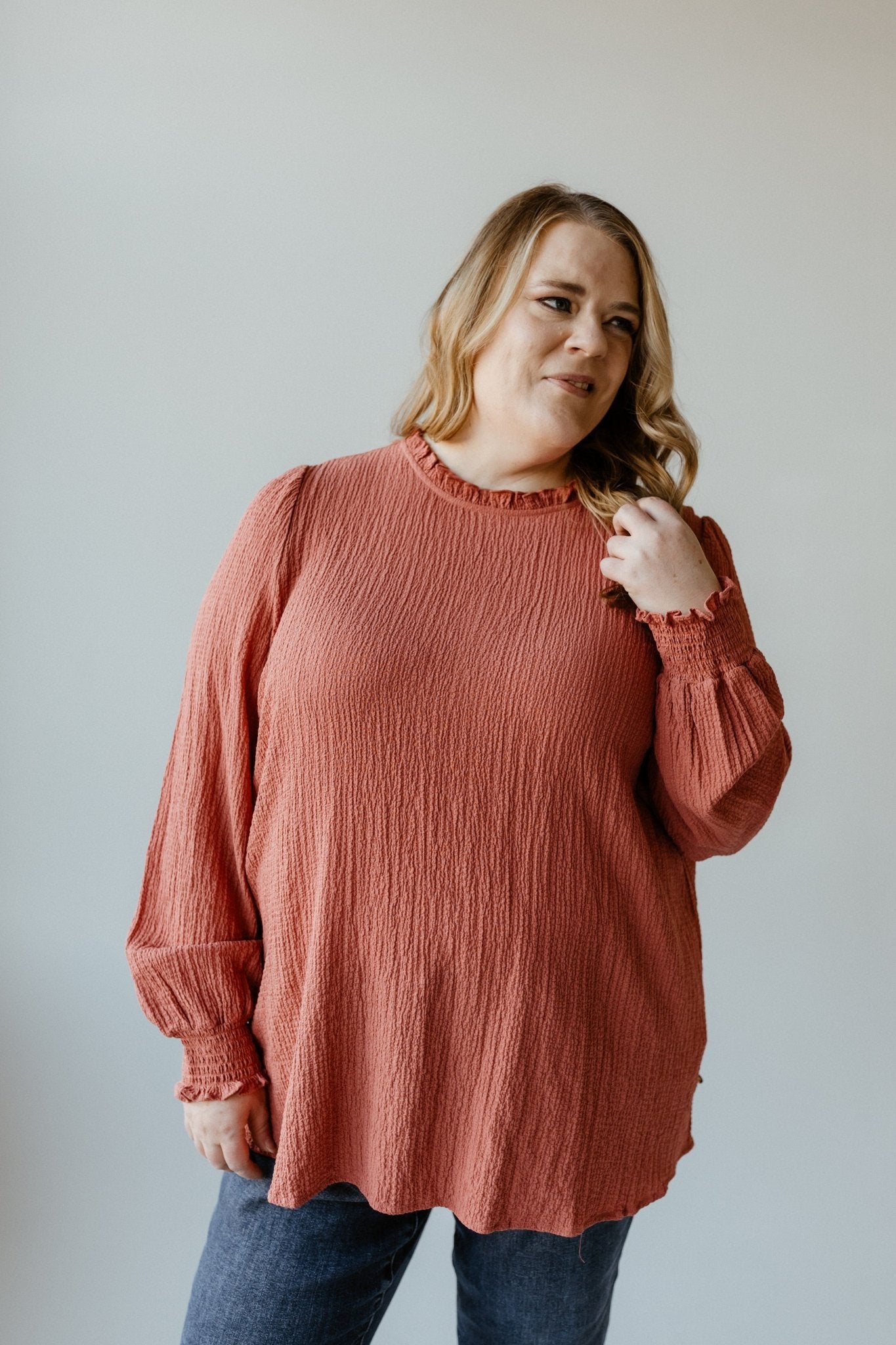 RUFFLE TEXTURED BLOUSE WITH PUFF SLEEVES - Love Marlow