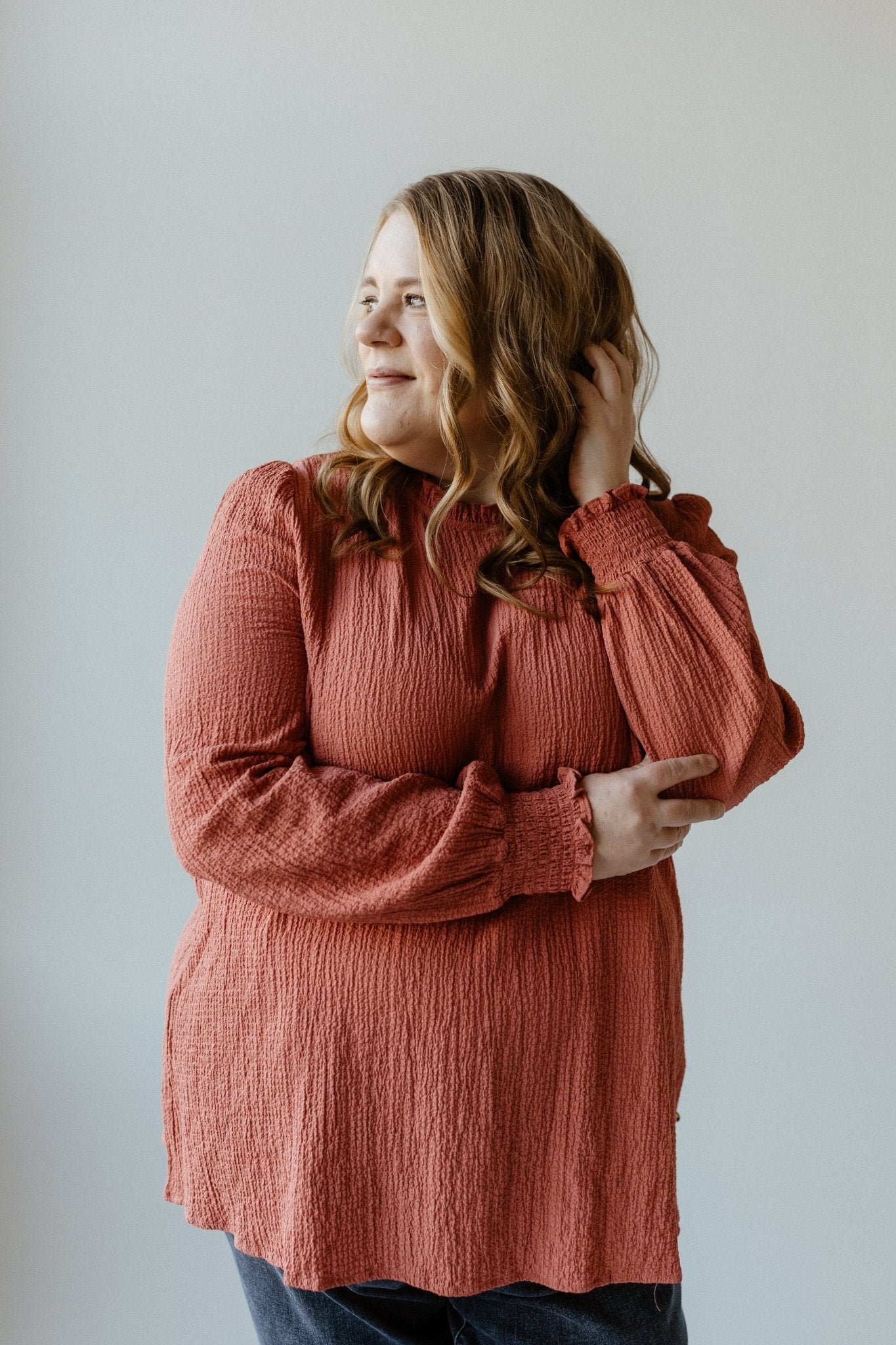 RUFFLE TEXTURED BLOUSE WITH PUFF SLEEVES - Love Marlow