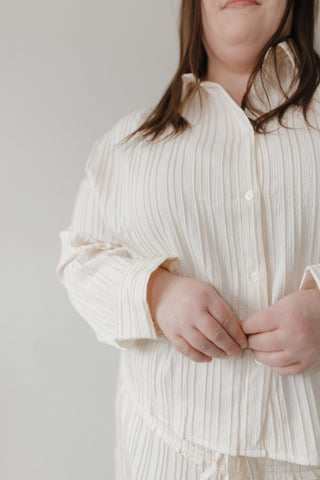 Sailor Textured Button Front Blouse – Beige & Ivory - Love Marlow
