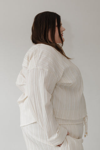 Sailor Textured Button Front Blouse – Beige & Ivory - Love Marlow