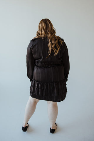 SATIN KNEE LENGTH DRESS WITH RUFFLE IN BLACK - Love Marlow