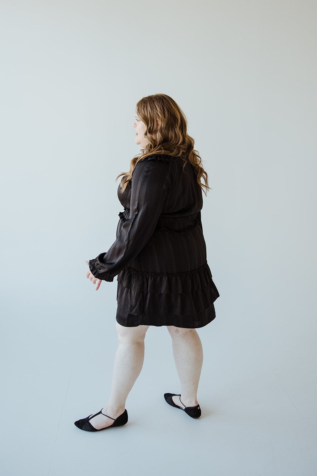 SATIN KNEE LENGTH DRESS WITH RUFFLE IN BLACK - Love Marlow