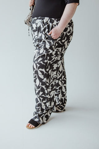 SATINY ABSTRACT FLORAL WIDE LEG PANTS - Love Marlow