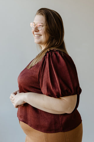 SATINY CRINKLE BLOUSE IN MERLOT - Love Marlow