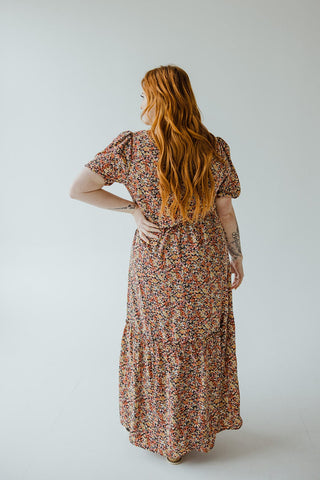 SCOOP NECK MIDI LENGTH DRESS WITH KICK HEM IN AUTUMN BOUQUET - Love Marlow