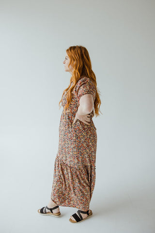 SCOOP NECK MIDI LENGTH DRESS WITH KICK HEM IN AUTUMN BOUQUET - Love Marlow