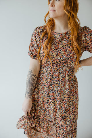SCOOP NECK MIDI LENGTH DRESS WITH KICK HEM IN AUTUMN BOUQUET - Love Marlow