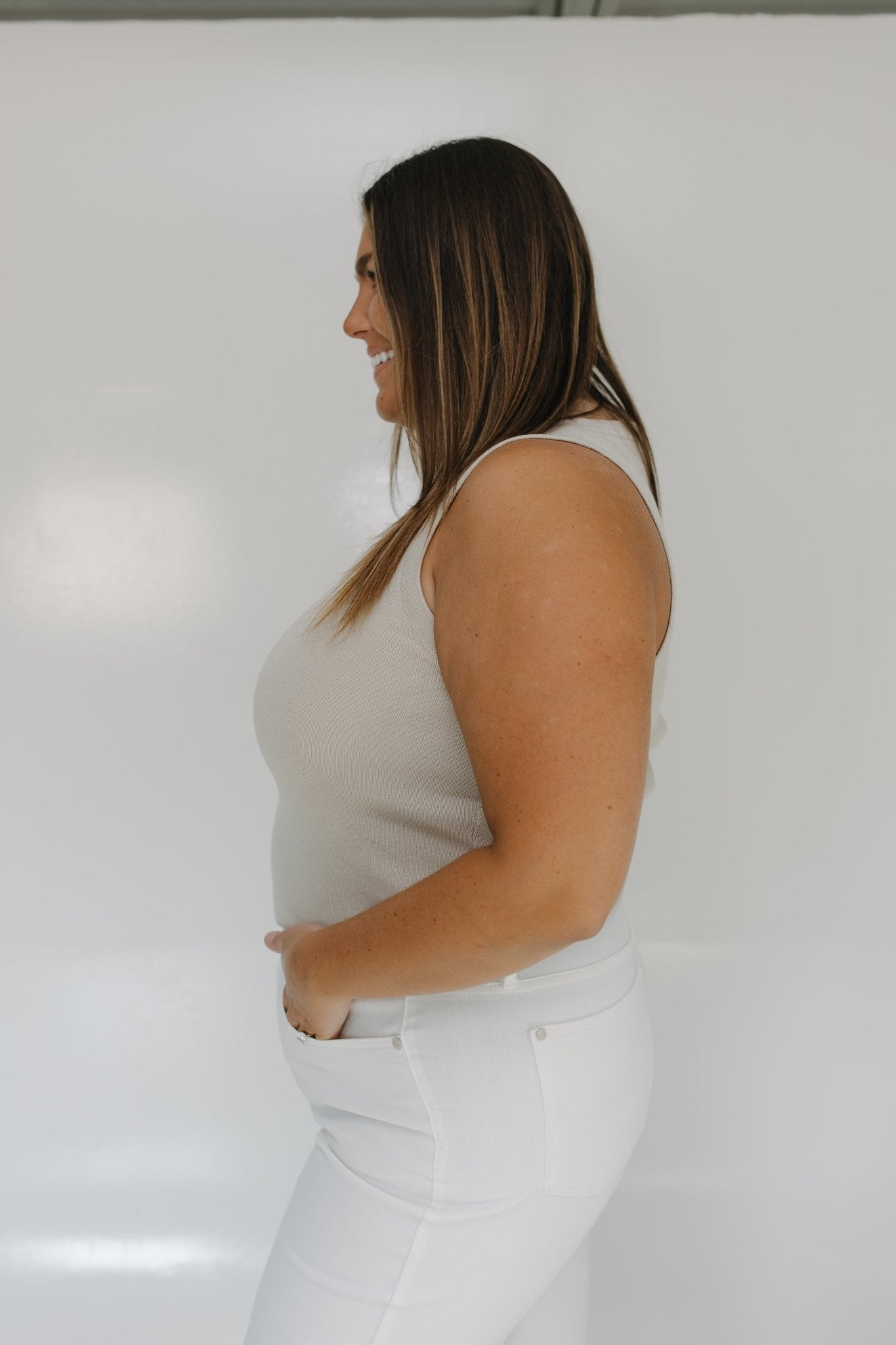 SCOOP NECK SWEATER TANK IN SAND - Love Marlow