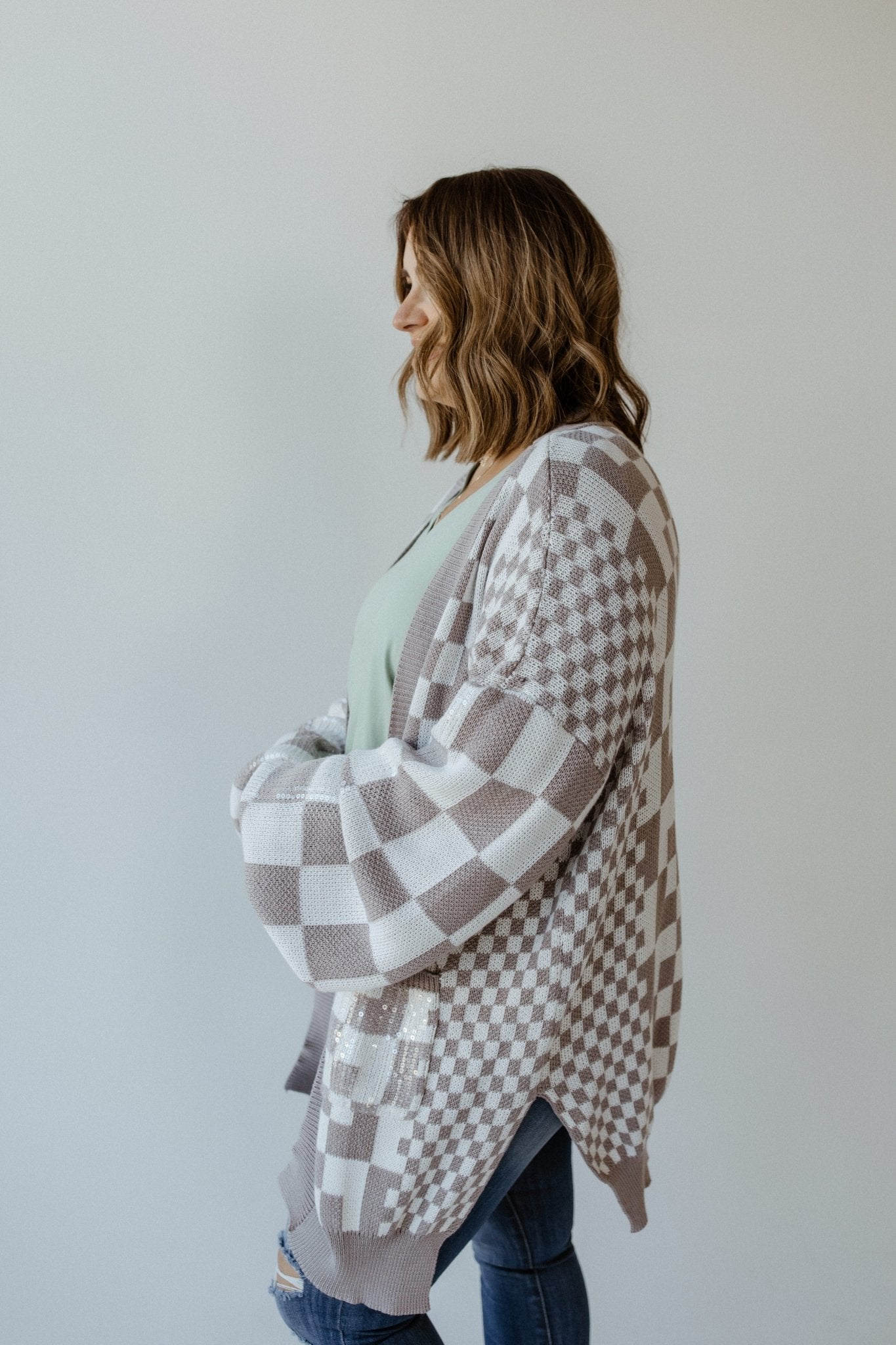 SEQUIN CHECK CARDIGAN IN MOCHA - Love Marlow