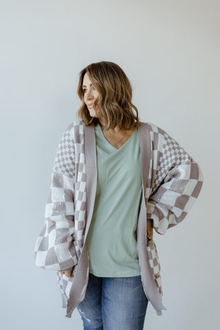 SEQUIN CHECK CARDIGAN IN MOCHA - Love Marlow