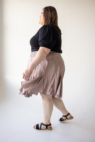 SHIMMERY ANIMAL PRINT TIERED MINI SKIRT IN DUSTY ROSE - Love Marlow