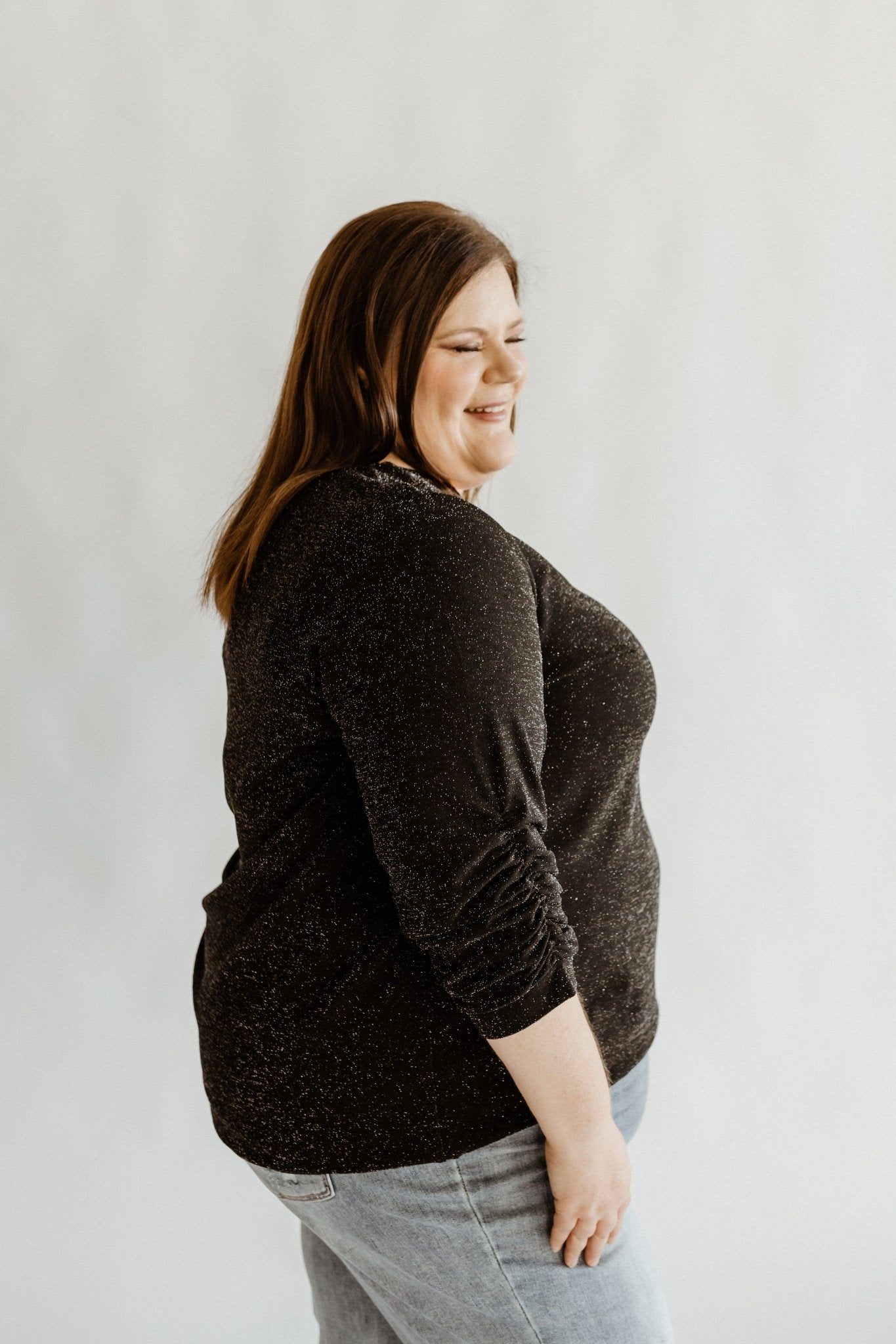 SHIMMERY RUCHED SLEEVE BLOUSE IN BLACK - Love Marlow