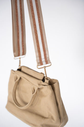 SHIMMERY STRIPE GUITAR SHOULDER STRAP IN KHAKI - Love Marlow