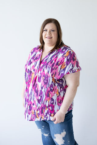 SHORT SLEEVE CHIFFON BLOUSE WITH PLEAT - Love Marlow