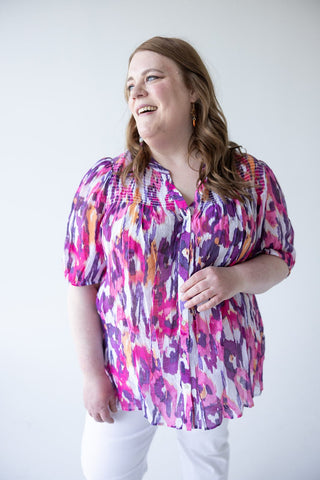 SHORT SLEEVE CHIFFON SMOCKED BUBBLE SLEEVE - Love Marlow