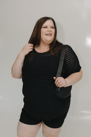 SHORT SLEEVE CROCHET SWEATER IN BLACK - Love Marlow