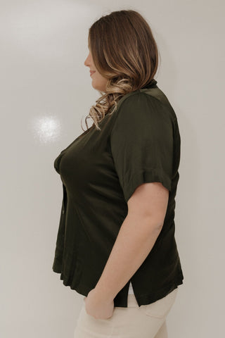 Short - Sleeve Sheen Button - Down Blouse – Rich Olive - Love Marlow