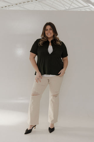 Short - Sleeve Sheen Button - Down Blouse – Rich Olive - Love Marlow