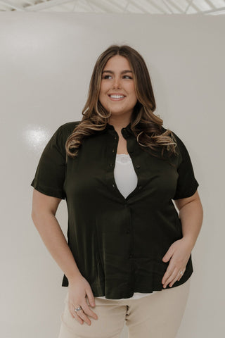 Short - Sleeve Sheen Button - Down Blouse – Rich Olive - Love Marlow