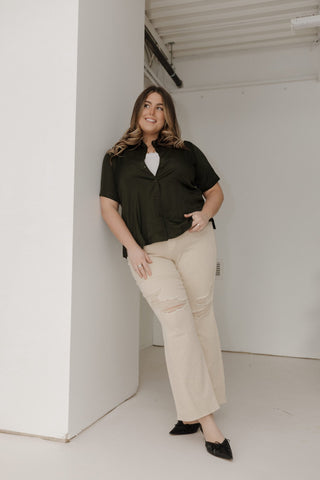 Short - Sleeve Sheen Button - Down Blouse – Rich Olive - Love Marlow