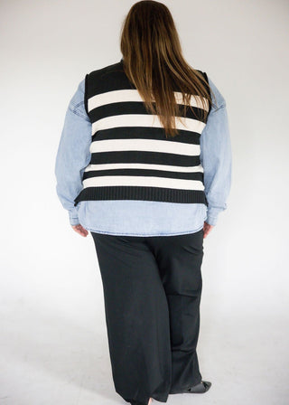 Sleeveless Striped Sweater Top with Gold Buttons – Black | Cream - Love Marlow