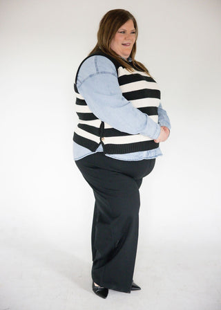 Sleeveless Striped Sweater Top with Gold Buttons – Black | Cream - Love Marlow