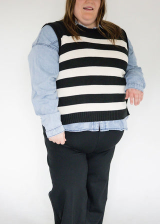 Sleeveless Striped Sweater Top with Gold Buttons – Black | Cream - Love Marlow