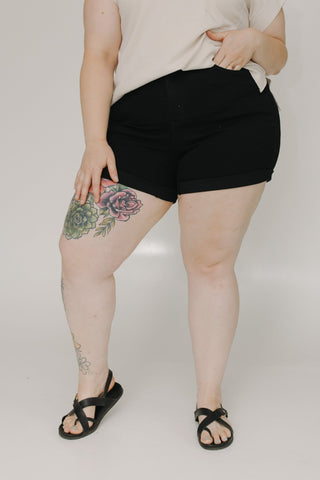 SLIGHTLY DISTRESSED TUMMY CONTROL CUFFED SHORTS IN BLACK - Love Marlow