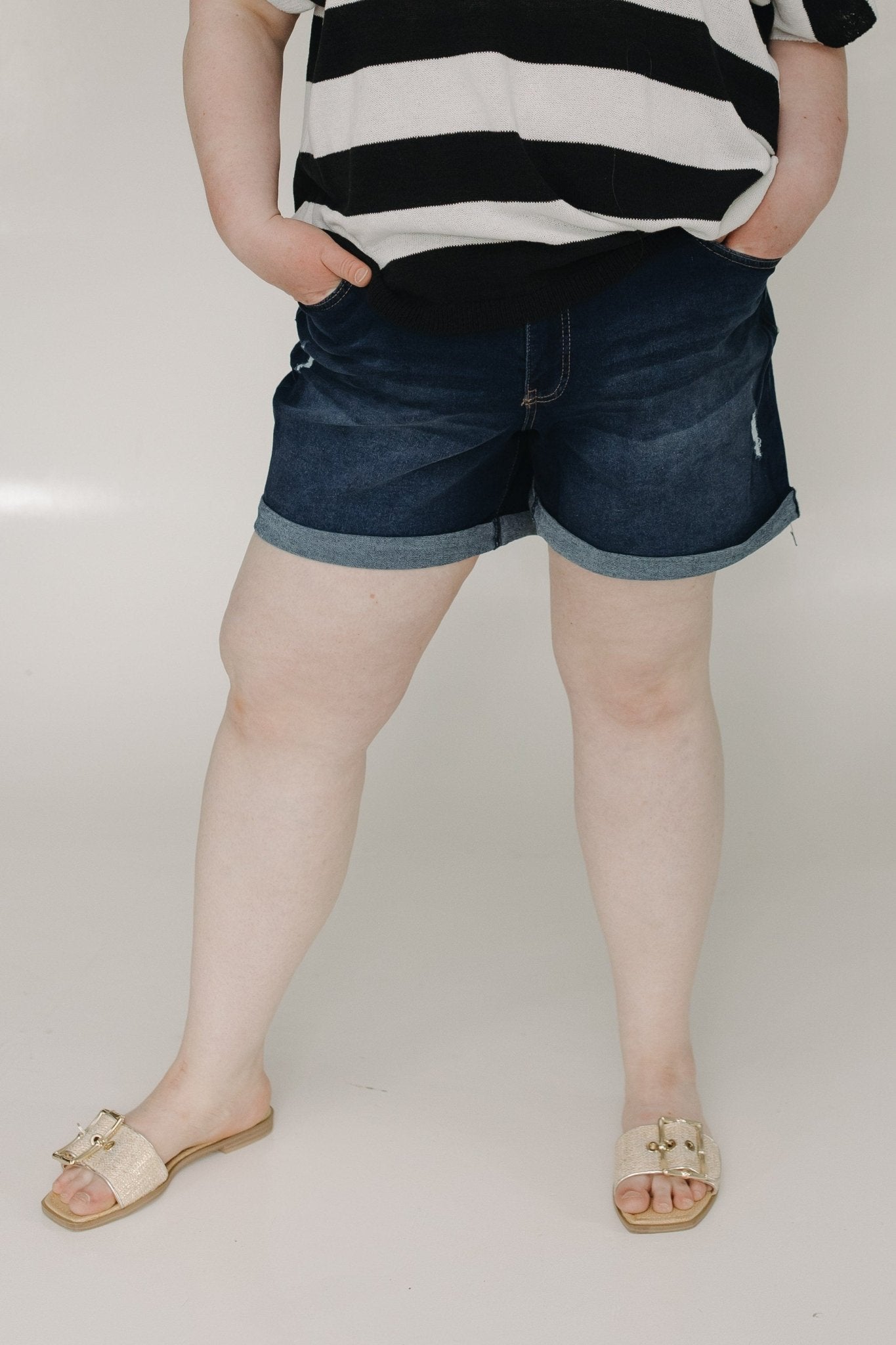 SLIGHTLY DISTRESSED TUMMY CONTROL CUFFED SHORTS IN DARK WASH - Love Marlow