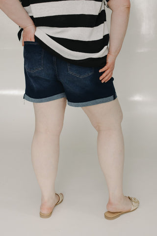 SLIGHTLY DISTRESSED TUMMY CONTROL CUFFED SHORTS IN DARK WASH - Love Marlow