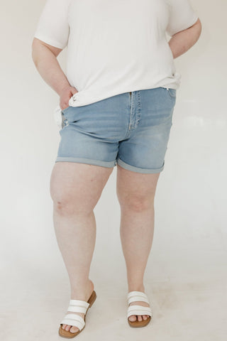 Slightly Distressed Tummy Control Cuffed Shorts – Light Wash - Love Marlow