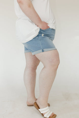 Slightly Distressed Tummy Control Cuffed Shorts – Light Wash - Love Marlow