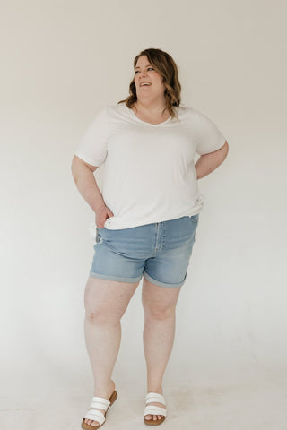 Slightly Distressed Tummy Control Cuffed Shorts – Light Wash - Love Marlow