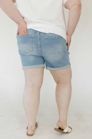 Slightly Distressed Tummy Control Cuffed Shorts – Light Wash - Love Marlow