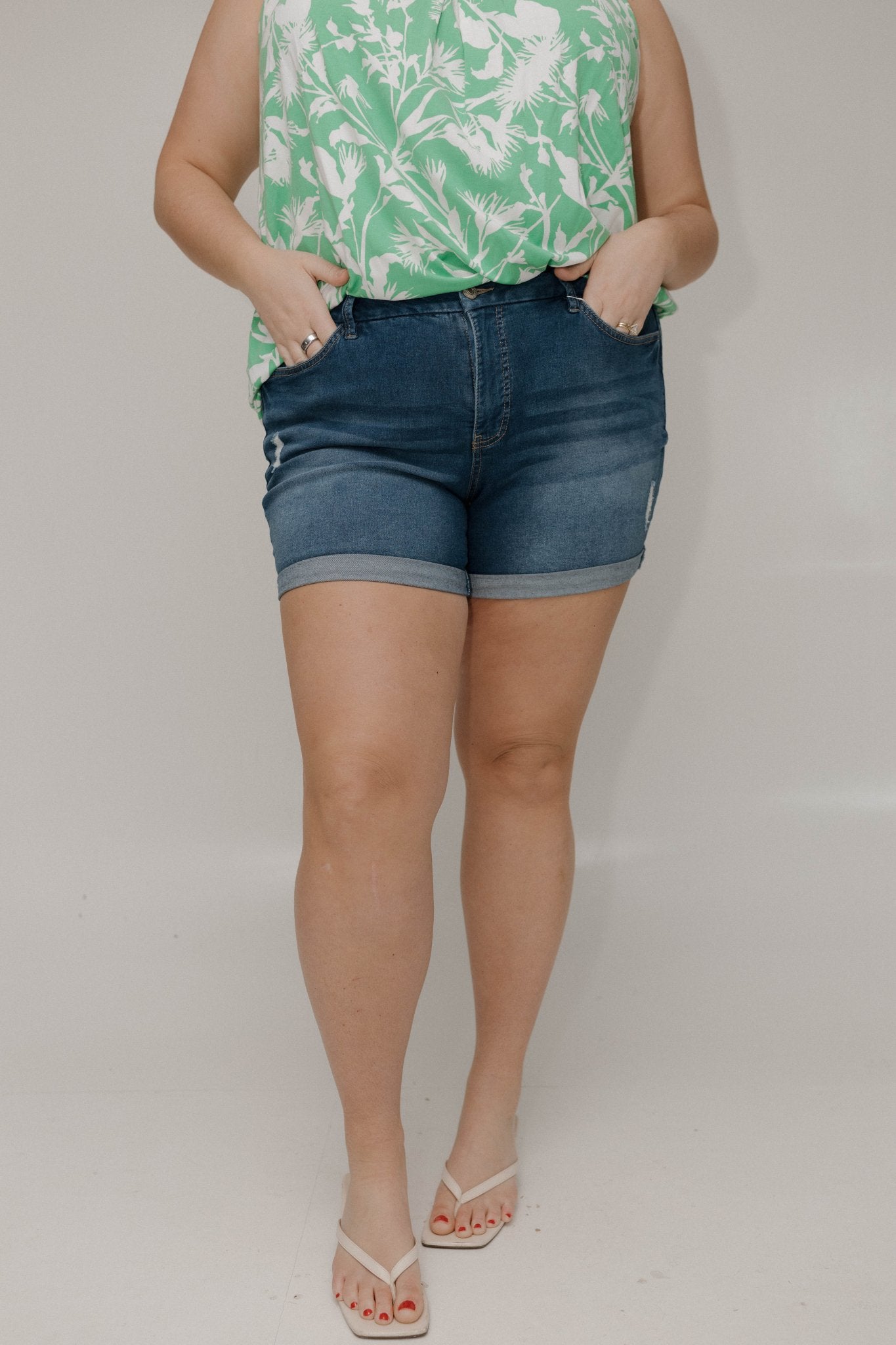 Slightly Distressed Tummy Control Cuffed Shorts – Medium Wash - Love Marlow