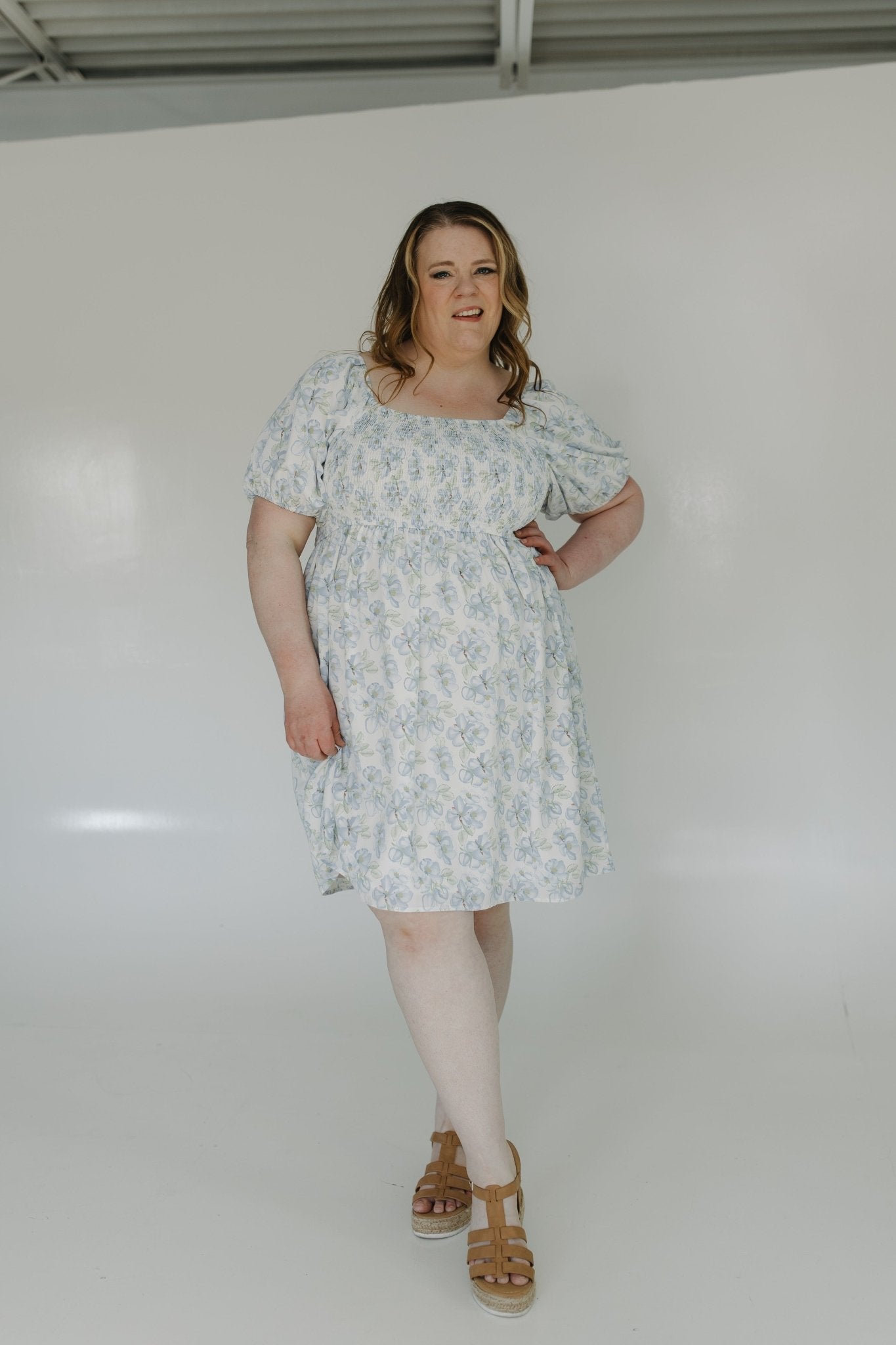 SMOCKED BODICE BUBBLE SLEEVE DRESS IN WATERCOLOR FLORAL - Love Marlow